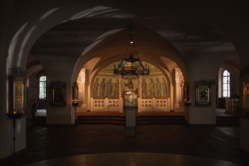 Free Quiet interior of an Orthodox Church showcasing religious art and icons, ideal for spiritual themes. Stock Photo