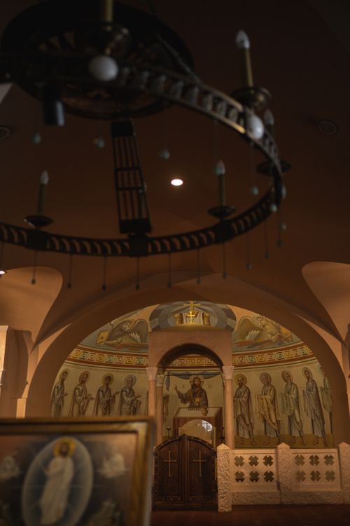 A Church Interior with Paintings of Jesus Christ and his Apostles on ...