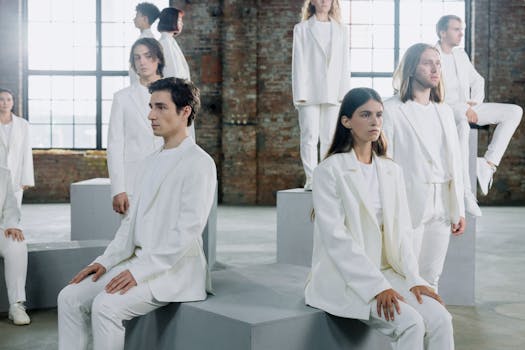 Stylish group of models posing in white suits in an industrial studio setting.