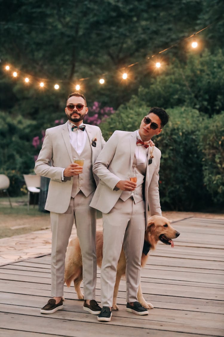 Boyfriends In Suit Wearing Sunglasses Petting Dog