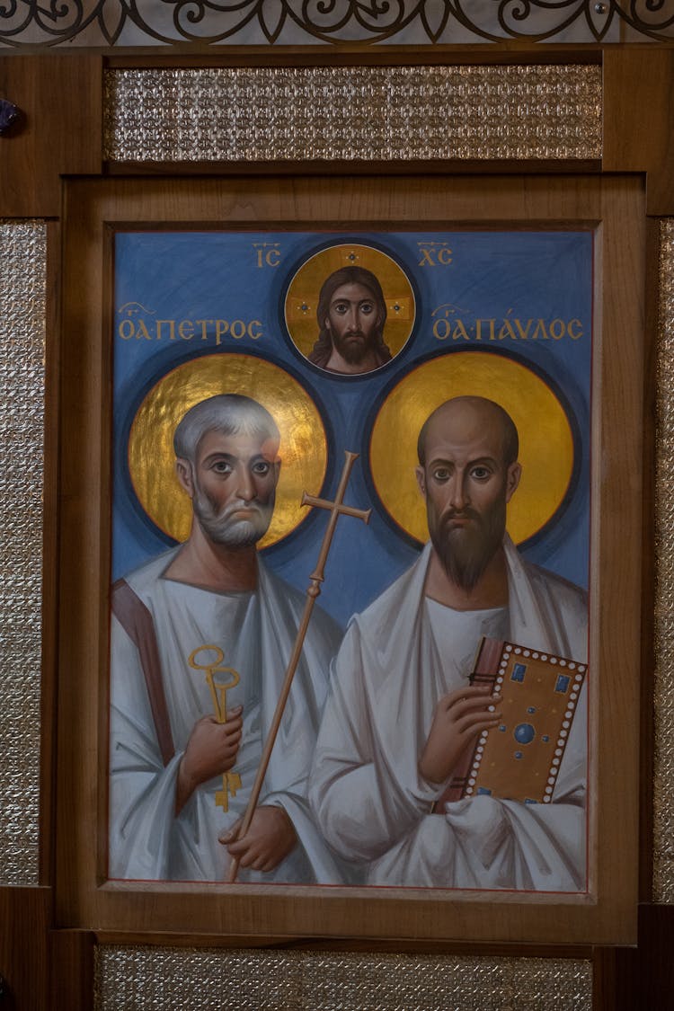 Photo Of Orthodox Icon Of Saints On Blue Background