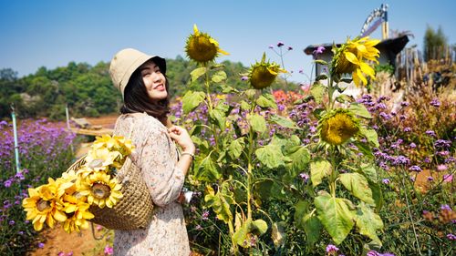 Free A cheerful woman with a sunflower-filled basket smiles in a vibrant Chiang Mai garden. Stock Photo