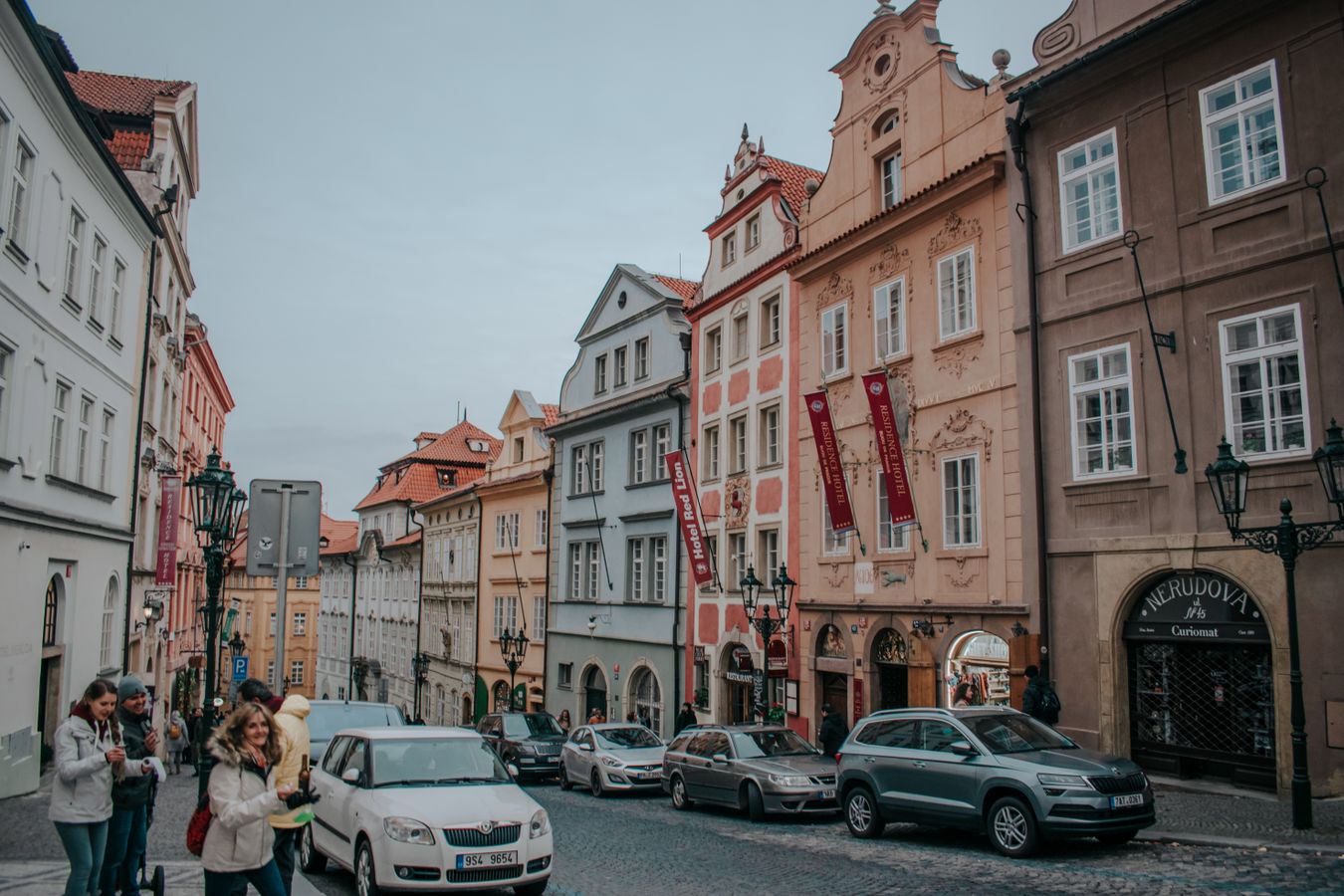 Colourful historic buildings on a Prague street