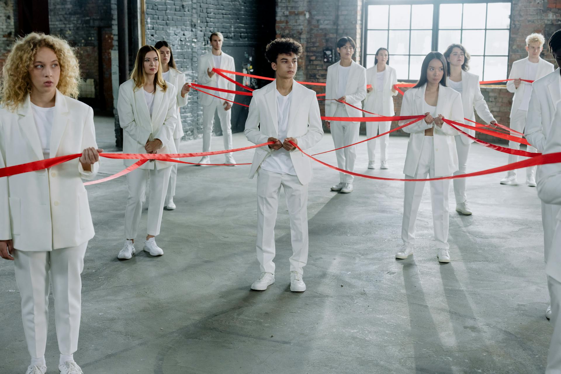 A group of diverse individuals in white suits holding red ribbons, standing in an industrial interior setting.