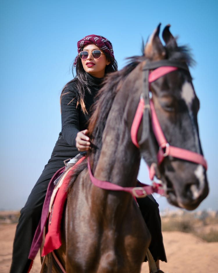 A Woman In Black Long Sleeves Riding A Horse