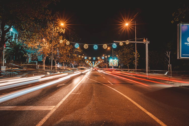 Long Exposure Of Traffic On City Street