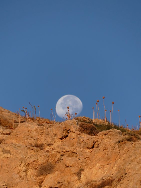 Brown Rocks Under a Full Moon in a Blue Sky · Free Stock Photo