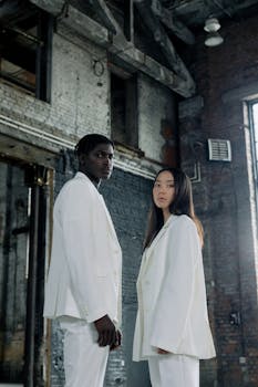 Portrays elegance with models in stylish white suits, set against an industrial backdrop.