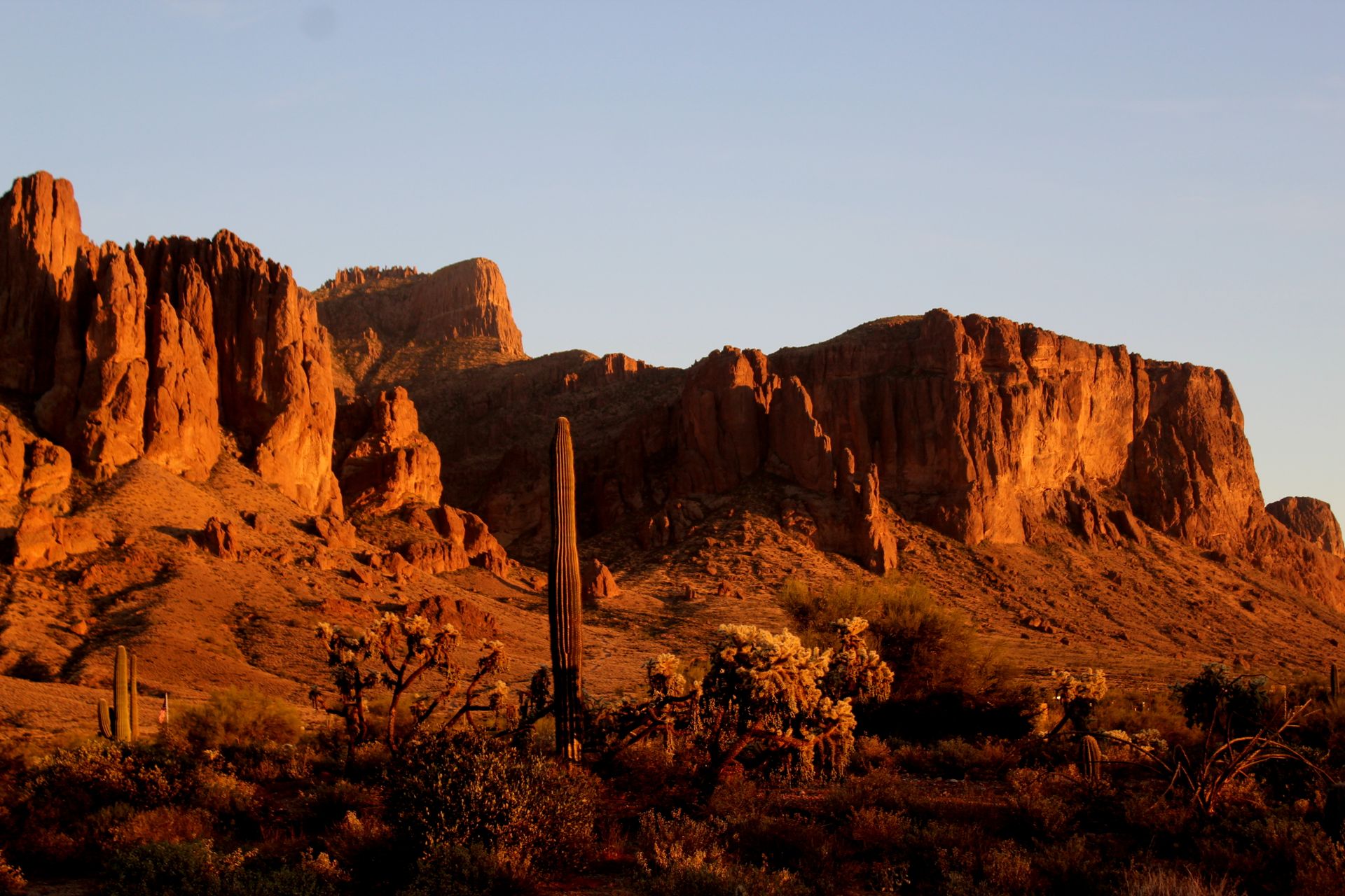 Golden sunset lighting up the Superstition Mountains in Apache Junction, Arizona, with desert flora.