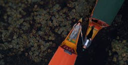 Aerial Footage of Couple riding a Seperate Boat while holding each other's Hands