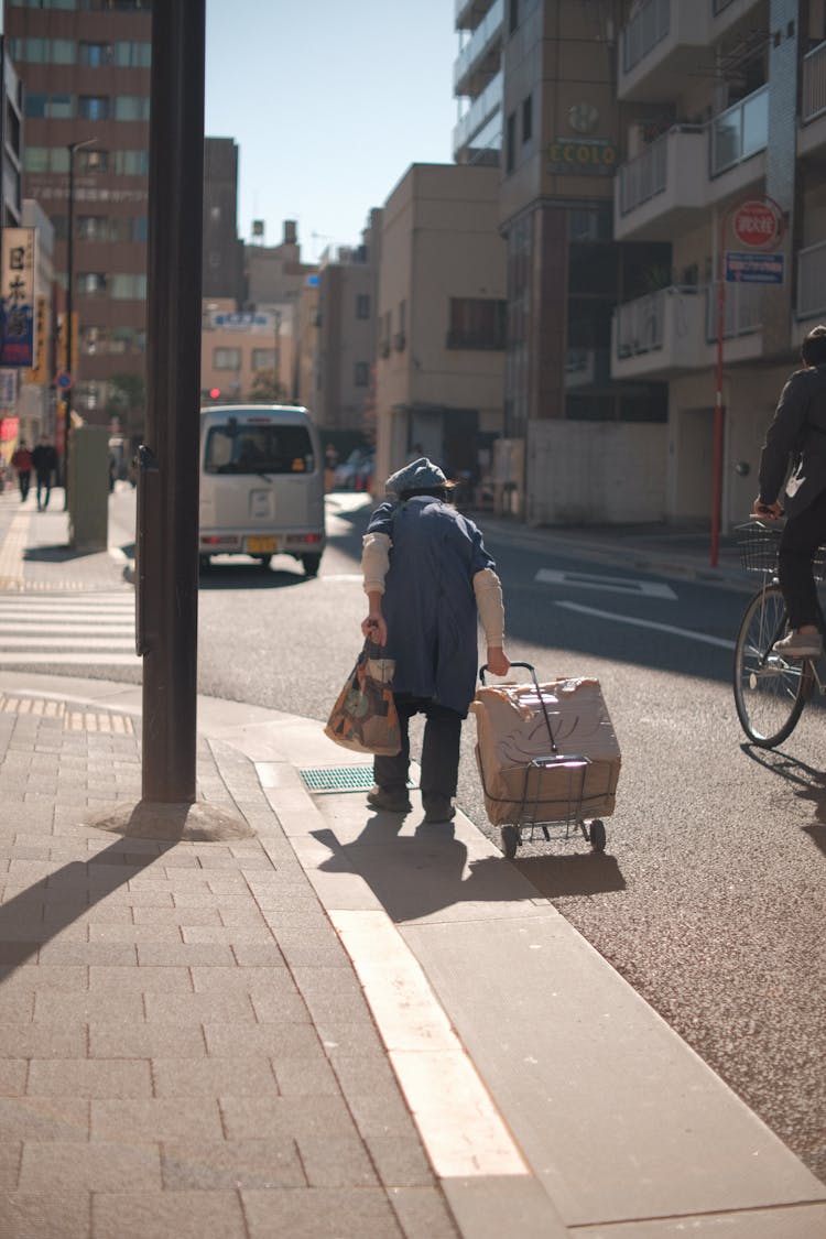 A Back View Of A Person Pulling A Trolley On The Street