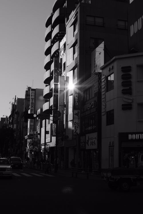 Free Black and white urban street with high-rises and vibrant signs. Stock Photo