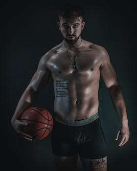 Muscular man with tattoos and basketball, posing in studio setting.