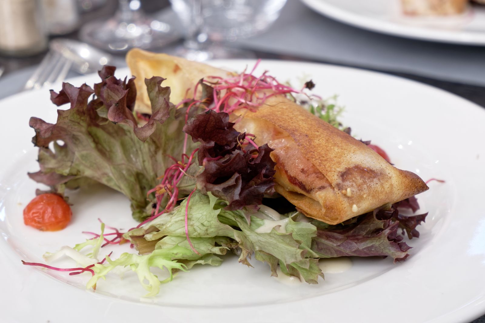 Croustillant de feuille de brick sur salade mélangée et pousses de betterave