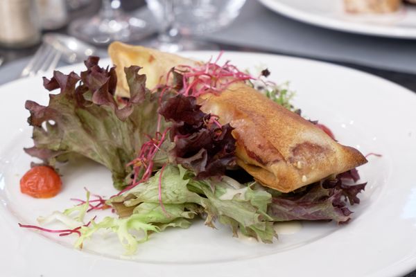 Croustillant de feuille de brick sur salade mélangée et pousses de betterave