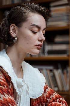 Elegant young woman in profile against a backdrop of books in a library.