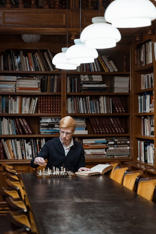 Free Man playing Chess in a Library  Stock Photo
