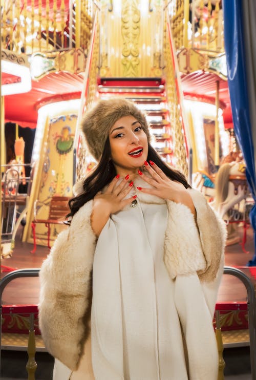 Stylish Woman in Beige Fur Coat