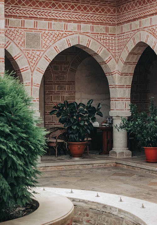 Arched Courtyard with Potted Plants