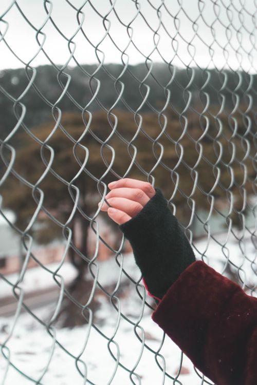 Free A hand gripping a chain-link fence with a snowy backdrop in Algeria, conveying themes of isolation. Stock Photo