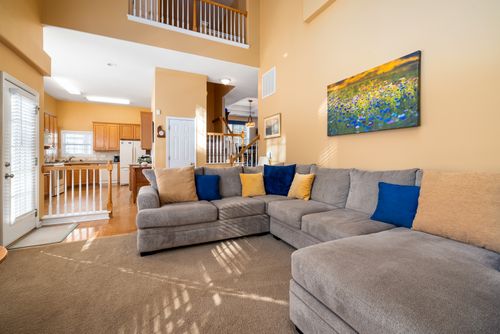 Free Bright and spacious living room showcasing a cozy grey sofa and modern interior design. Stock Photo