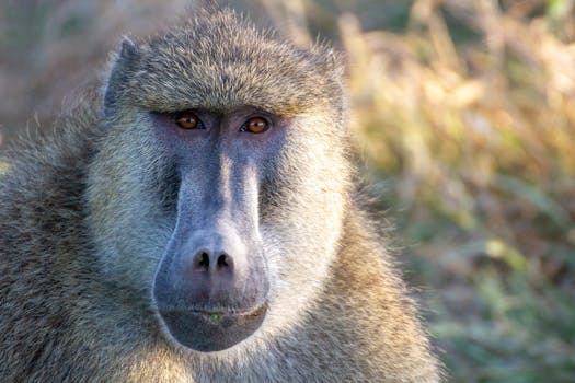 Detailed close-up of a baboon in the wild, showcasing its distinctive features under natural light.