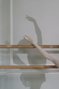 Elegant ballerina leg on barre with shadow, showcasing ballet grace.