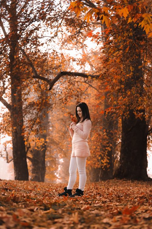 Free A woman in a park surrounded by vibrant autumn leaves, enjoying the fall season. Stock Photo