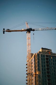 A modern skyscraper under construction with a prominent tower crane during sunset.