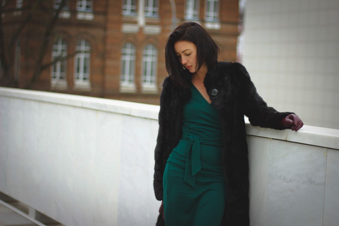 Woman Wearing Green Dress and Black Fur Coat Free Stock Photo Woman Wearing Green Dress and Black Fur Coat Free Stock Photo