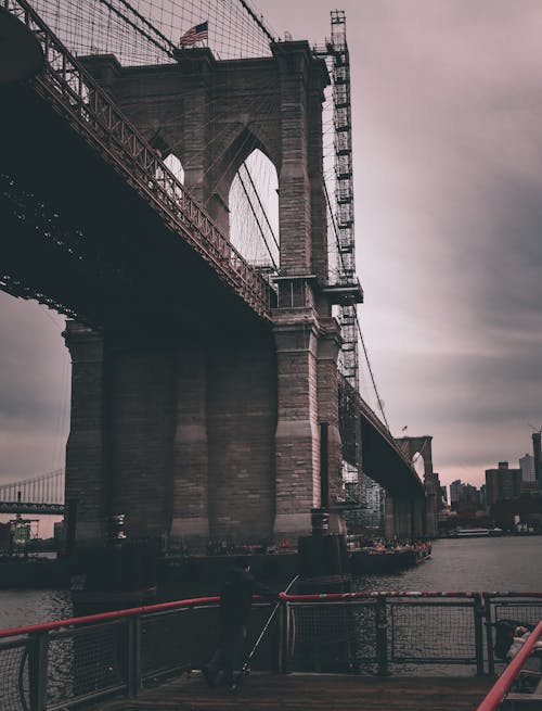 Free Man Standing Under Brooklyn Bridge  Stock Photo