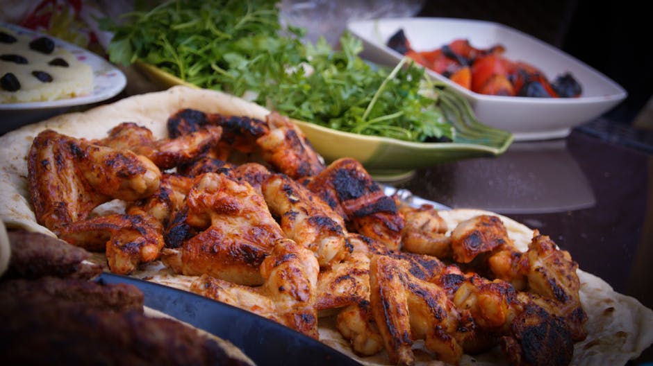 Chicken Grill on White Tray Dekat Green Leaf Vegetable Food