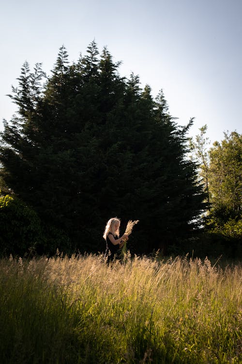 Woman in Field Making Bouquet