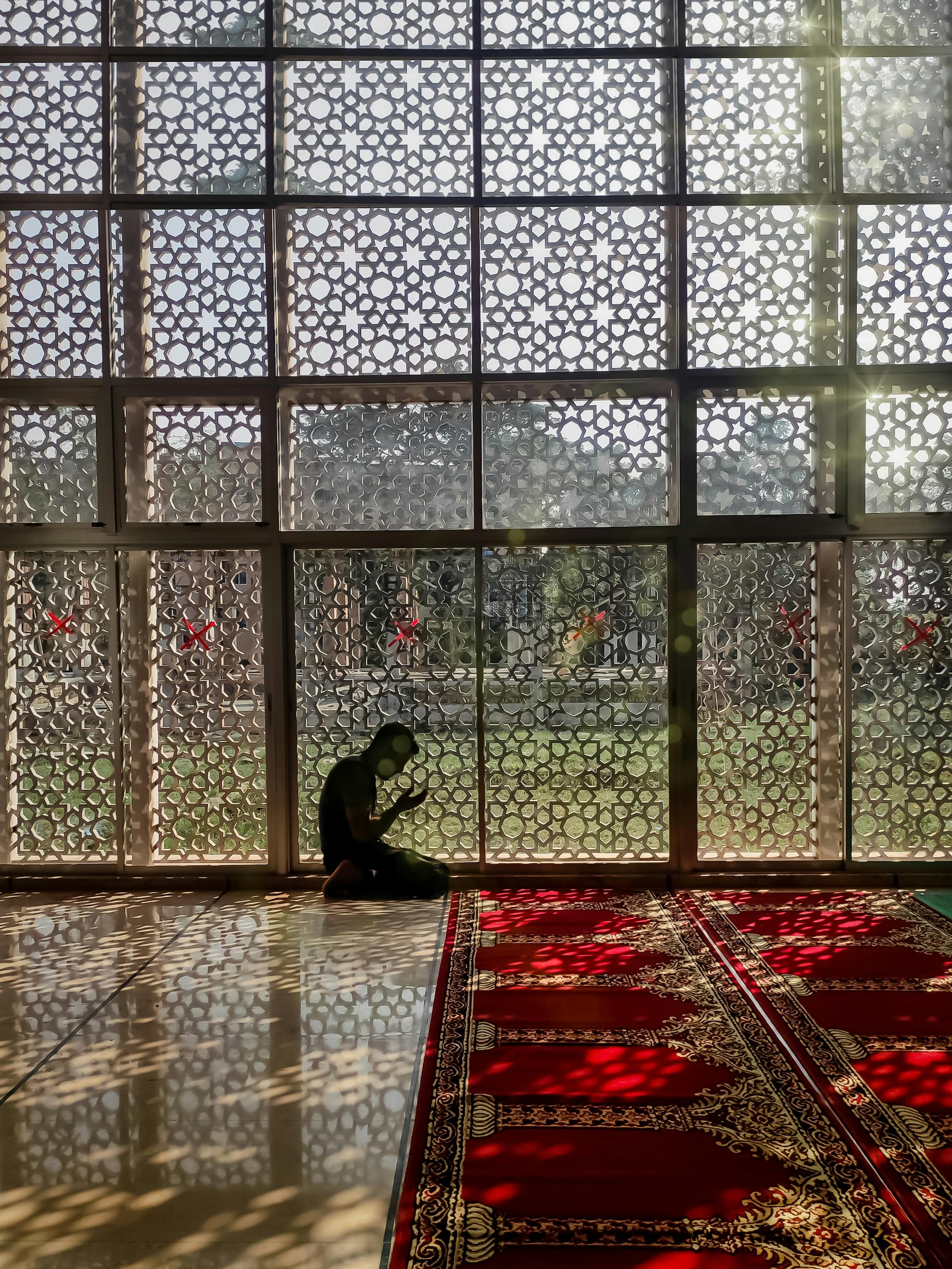 a person kneeling on a floor near a glass window