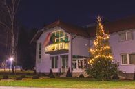 A picturesque house decorated with Christmas lights and a lit tree during the night.