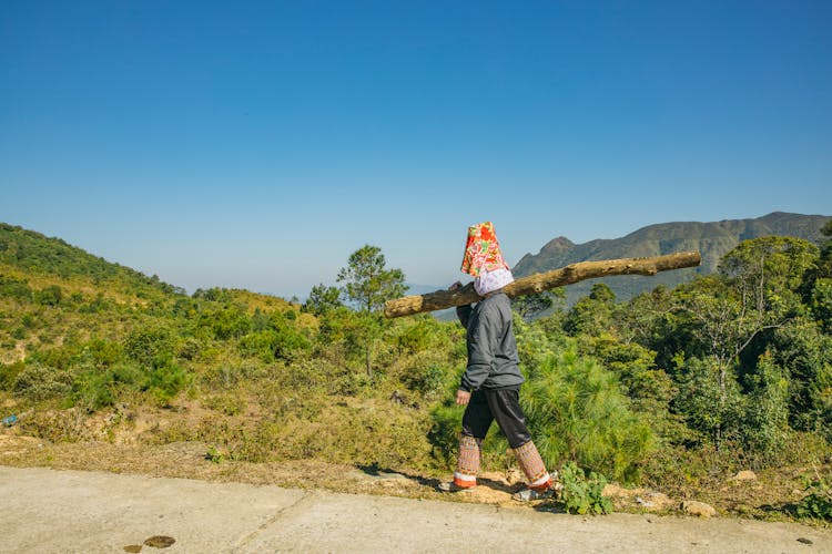 Person Walking While Carrying A Tree Log 