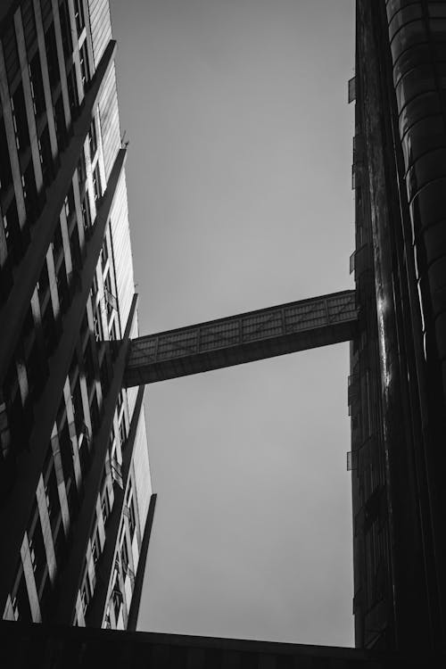 A Grayscale Photo of a Building with Connector