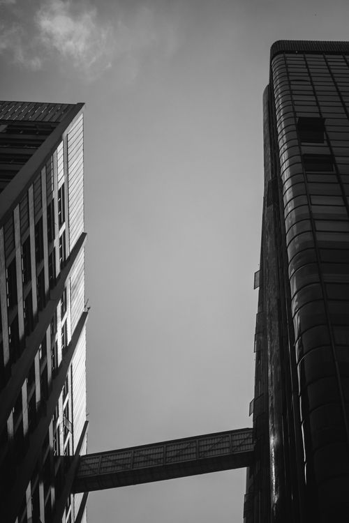 Free Vertical black and white shot of modern skyscraper architecture with overpass bridge. Stock Photo