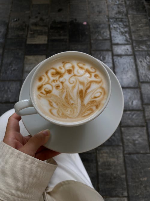 Free Person Holding White Ceramic Mug Latte Drink  Stock Photo