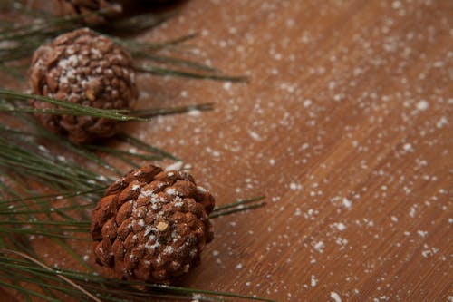 Close-Up Shot of Pine Cones on a Wooden Surface