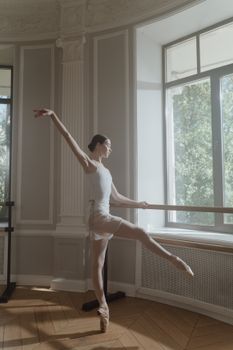 Elegant ballerina practicing ballet poses in a sunlit dance studio.