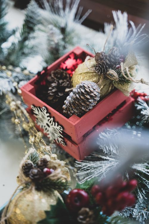 Free A beautiful Christmas decoration featuring pinecones, snowflakes, and gold accents in a red box. Stock Photo