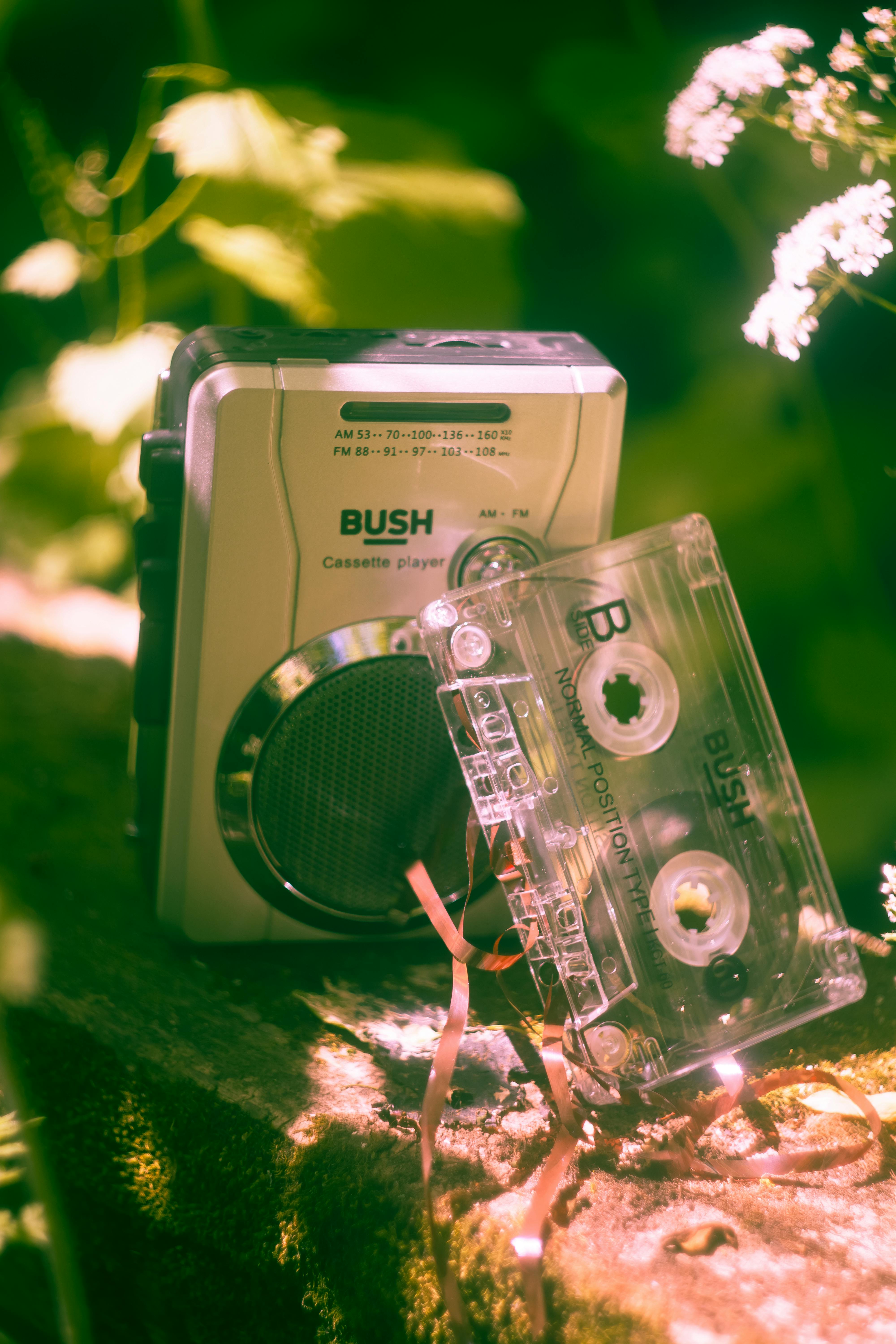 clear glass cassette tape on green textile