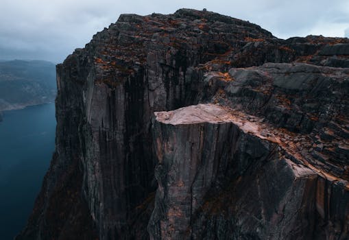 Stunning aerial view of the iconic Preikestolen rock formation in Rogaland, Norway capturing its rugged beauty.
