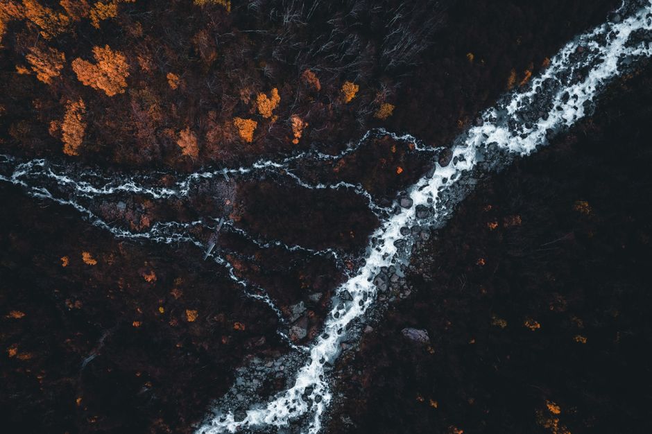Incredible Victoria Falls Helicopter Tour with Guide Review: Soaring Over One of the Seven Natural Wonders Review 2026 - Breathtaking aerial view of a creek flowing through autumn foliage in a forest in Norway.
