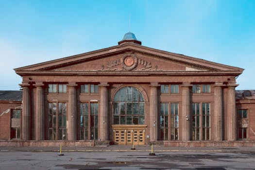 A striking view of the historic Spilve Airport terminal in Riga, showcasing classic architecture.