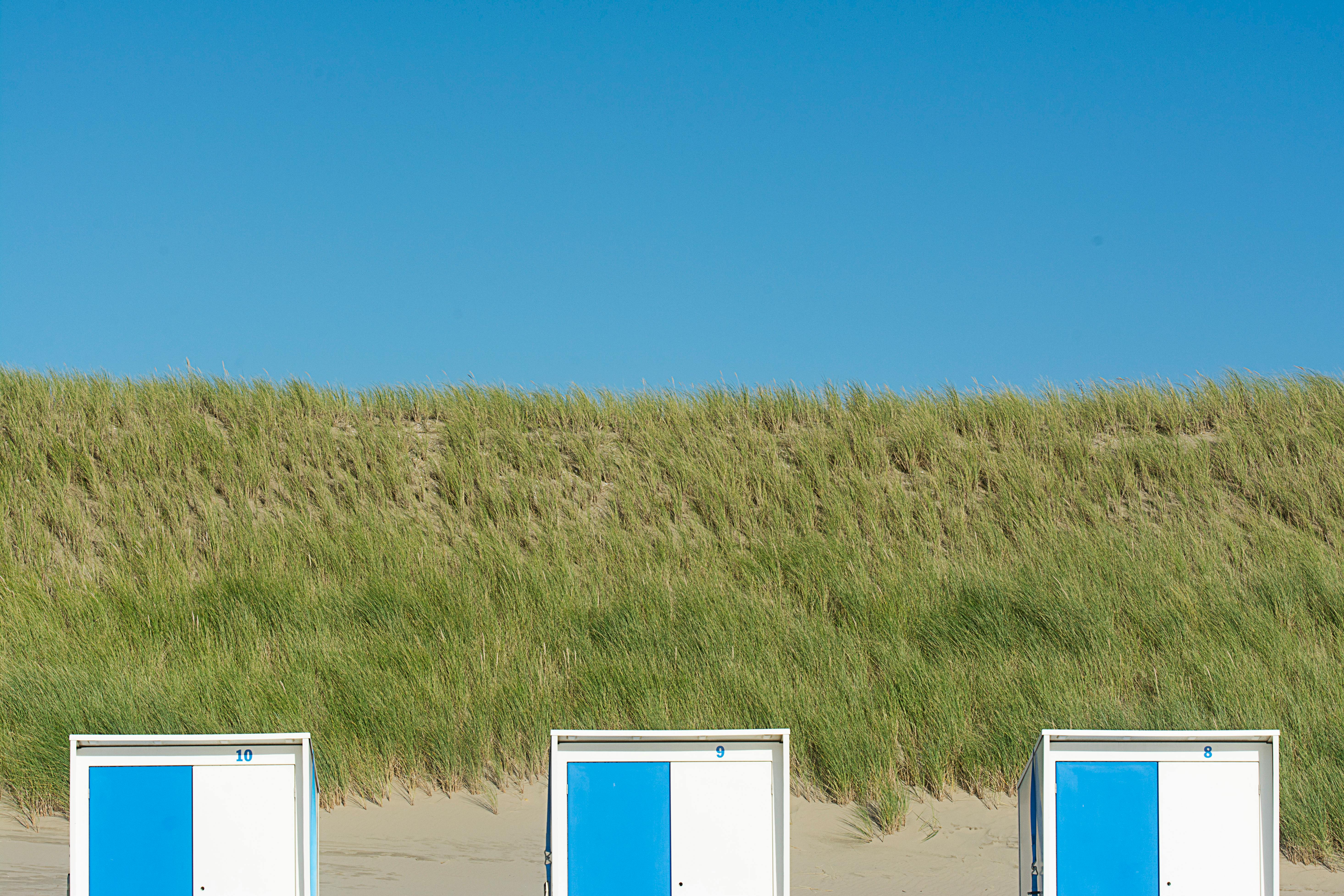 Blue and White Cubicle Boxes Near the Green Grass · Free Stock Photo