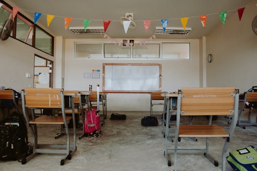An empty classroom setup with desks and colorful banners, indicating a school setting.