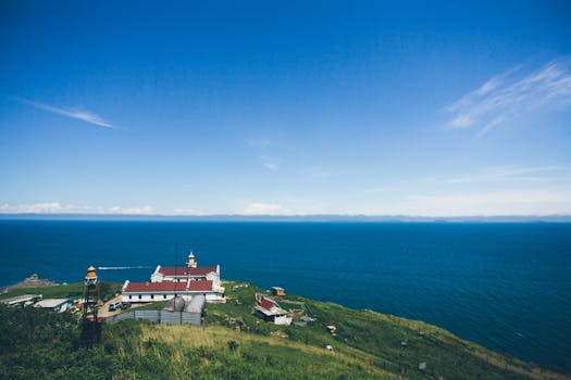 A picturesque lighthouse perched on a grassy cliff with a vast ocean backdrop under a clear blue sky.