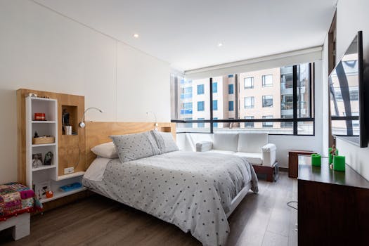 Bright and stylish bedroom interior design in a Bogotá apartment with large windows.